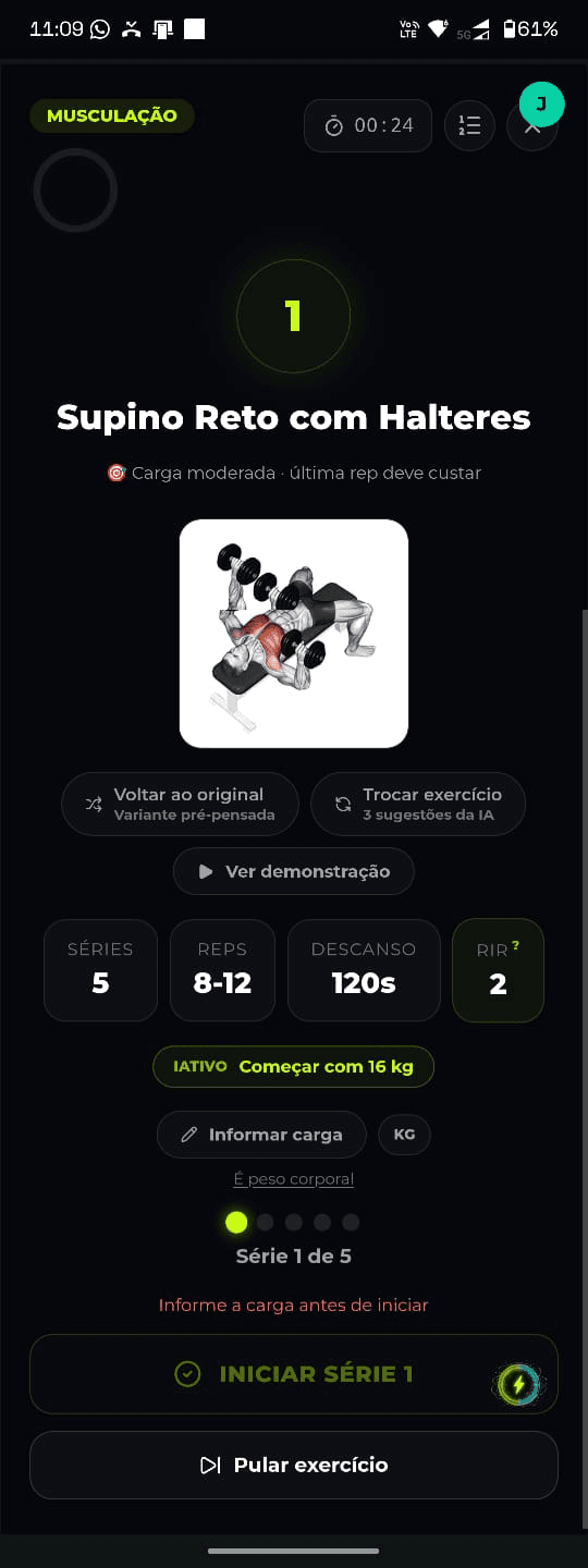 Tela real de execução do exercício Supino Reto com Halteres