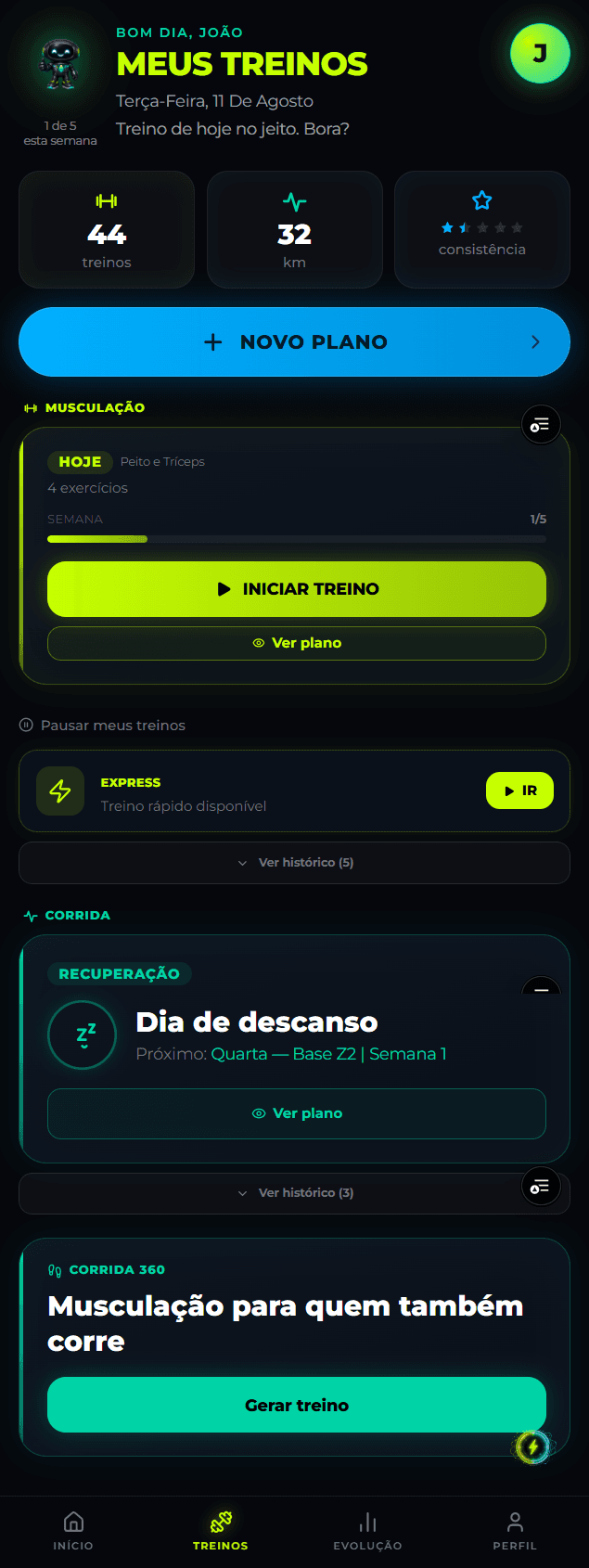 Tela real Meus Treinos, reunindo musculação e corrida